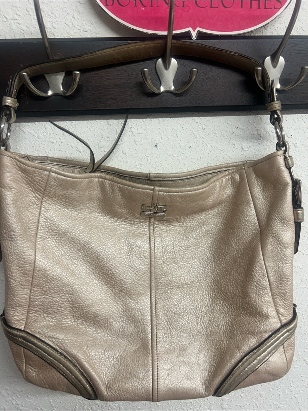 Coach Metallic Taupe Pebbled Leather Shoulder Bag